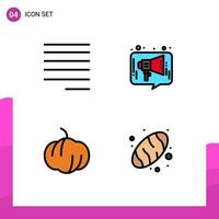 4 Universal Filledline Flat Color Signs Symbols of align pumpkin chat media bread Editable Vector Design Elements