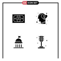 4 Universal Solid Glyphs Set for Web and Mobile Applications cash politics emotions break heart city Editable Vector Design Elements