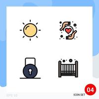 4 signos universales de color plano de línea de relleno símbolos de helios baby heart health lock pad cuna elementos de diseño vectorial editables vector