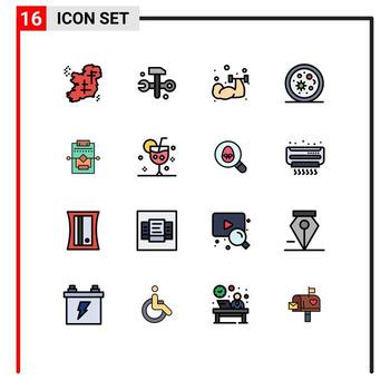 grupo de 16 líneas llenas de color plano, signos y símbolos para microorganismos de flujo de trabajo, soluciones para la vida, levantamiento de pesas, elementos de diseño de vectores creativos editables