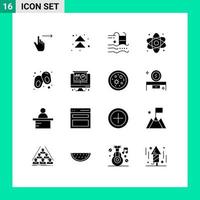 Mobile Interface Solid Glyph Set of 16 Pictograms of healthcare diagnostic up atom swimming Editable Vector Design Elements