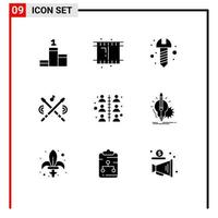 Group of 9 Solid Glyphs Signs and Symbols for idea team screw relationship sticks Editable Vector Design Elements