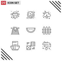 Group of 9 Modern Outlines Set for watermelon food lightning wedding cake cake Editable Vector Design Elements