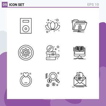 Paquete de 9 esquemas de interfaz de usuario de signos y símbolos modernos de cifrado de comida de pizza comer elementos de diseño de vector editables seguros