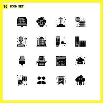 Editable Vector Line Pack of 16 Simple Solid Glyphs of engineer server cross hosting connect Editable Vector Design Elements