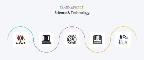 la línea de ciencia y tecnología llenó el paquete de iconos planos 5 que incluye el matraz de laboratorio. matraz químico. técnico esfera. planetas orbitando vector