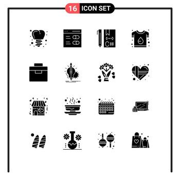 grupo de símbolos de icono universal de 16 glifos sólidos modernos de elementos de diseño de vector editables de marca de diseño de código de impresión de caja