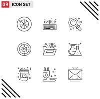 9 Universal Outline Signs Symbols of security file find bug engine Editable Vector Design Elements