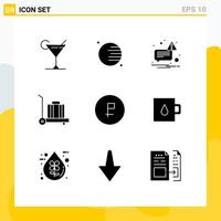 Pack of 9 creative Solid Glyphs of chamber ruble sent finance coin Editable Vector Design Elements