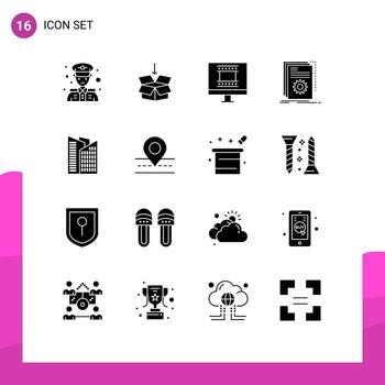 Solid Glyph Pack of 16 Universal Symbols of skyscraper building photo frame script developer Editable Vector Design Elements