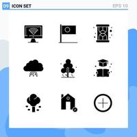 9 User Interface Solid Glyph Pack of modern Signs and Symbols of nature hosting flag data cloud Editable Vector Design Elements