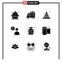 Group of 9 Modern Solid Glyphs Set for watch play transport user road Editable Vector Design Elements