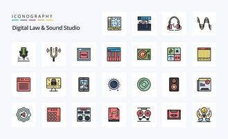 25 paquete de iconos de estilo lleno de línea de estudio de ley y sonido digital vector