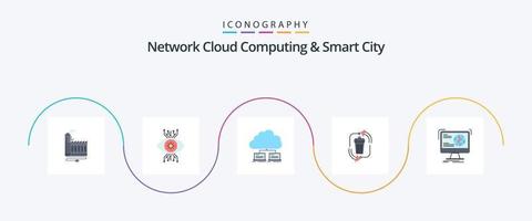 Network Cloud Computing And Smart City Flat 5 Icon Pack Including waste. data. surveillance. internet. network vector