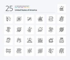 paquete de iconos de 25 líneas de EE. UU. que incluye sombrero mágico. gorra. religión. americano. fuego vector