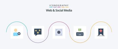 paquete de 5 iconos planos de web y redes sociales que incluye . más. cine. etiqueta. charlar vector