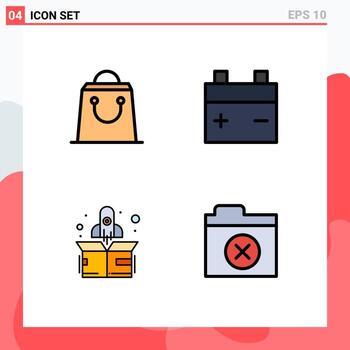 Group of 4 Modern Filledline Flat Colors Set for bag delete battery rocket folder Editable Vector Design Elements