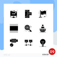 Mobile Interface Solid Glyph Set of 9 Pictograms of eye vertical finish thumbnails flow Editable Vector Design Elements