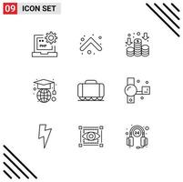 Pack of 9 Modern Outlines Signs and Symbols for Web Print Media such as vehicle railroad direction globe education Editable Vector Design Elements