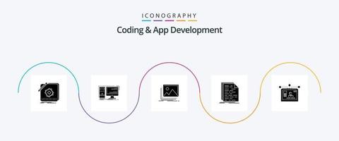 paquete de iconos de glifo 5 de codificación y desarrollo de aplicaciones que incluye doc. código. puesto de trabajo. foto. paisaje vector