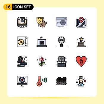 paquete de 16 líneas creativas llenas de colores planos de música mapa de ubicación de comandos de google elementos de diseño de vectores creativos editables