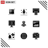 Pack of 9 creative Solid Glyphs of chart chart monitor world ribbon Editable Vector Design Elements