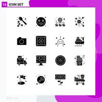 Mobile Interface Solid Glyph Set of 16 Pictograms of photo camera database connection network Editable Vector Design Elements