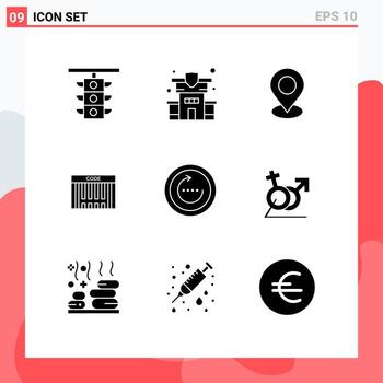 Group of 9 Modern Solid Glyphs Set for refresh shopping location code bar Editable Vector Design Elements