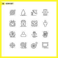 16 iconos creativos, signos y símbolos modernos de entrega de paquetes, caja de mariposas, reproductor de video, elementos de diseño vectorial editables vector