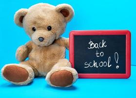 teddy bear holds red frame with words written in white chalk back to school photo