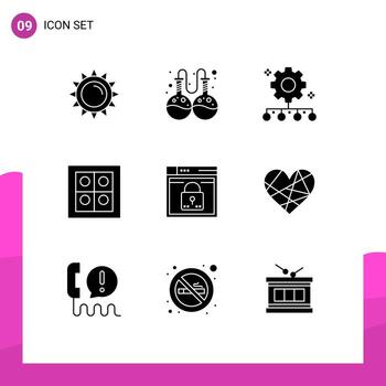Conjunto de 9 glifos sólidos universales para aplicaciones web y móviles gestión de equipos de inicio de sesión web elementos de diseño vectorial editables de gas de estufa vector