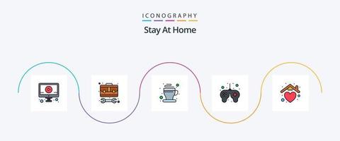 Stay At Home Line Filled Flat 5 Icon Pack Including time. game. work. free. of vector