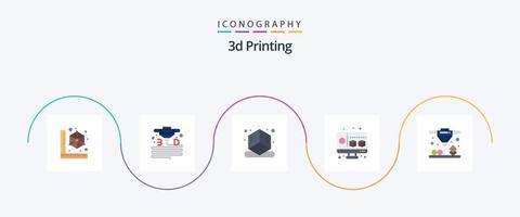 Paquete de 5 iconos planos de impresión 3d que incluye computadora. cubo. el plastico. 3d. impresión vector