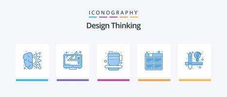 Design Thinking Blue 5 Icon Pack, incluida la producción. imágenes gráfico. película. taza de te diseño de iconos creativos vector