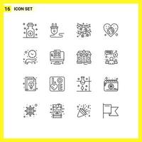 Pictogram Set of 16 Simple Outlines of clock love bow world earth Editable Vector Design Elements