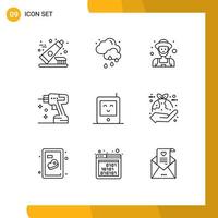 9 Universal Outlines Set for Web and Mobile Applications radio baby gardener tool drill Editable Vector Design Elements