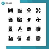 Pack of 16 Modern Solid Glyphs Signs and Symbols for Web Print Media such as house building award technology fly Editable Vector Design Elements