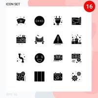 Editable Vector Line Pack of 16 Simple Solid Glyphs of party celebration socket camera united Editable Vector Design Elements