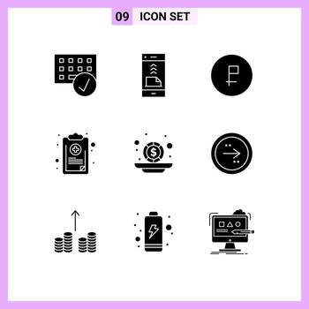 9 Universal Solid Glyphs Set for Web and Mobile Applications list chart file ruble currency Editable Vector Design Elements