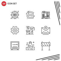 Group of 9 Outlines Signs and Symbols for roller wheel construct setting cogs Editable Vector Design Elements