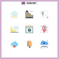 Group of 9 Flat Colors Signs and Symbols for gear web usb weather night Editable Vector Design Elements