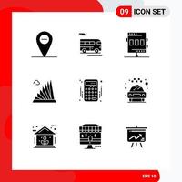 Mobile Interface Solid Glyph Set of 9 Pictograms of accounts martyrs chronometer landmark construction Editable Vector Design Elements