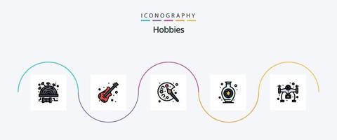 la línea de pasatiempos llenó el paquete de iconos planos 5 que incluye. pasatiempo. pintar. aficiones. aficiones vector