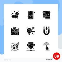 User Interface Pack of 9 Basic Solid Glyphs of graduate bulb bath surveillance location Editable Vector Design Elements