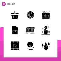 Pack of 9 Modern Solid Glyphs Signs and Symbols for Web Print Media such as book sim resources mobile sim calendar Editable Vector Design Elements