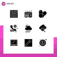 9 Universal Solid Glyphs Set for Web and Mobile Applications rain message recorder setting gear Editable Vector Design Elements