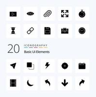 20 Basic Ui Elements Solid Glyph icon Pack like date calender power aim target vector