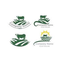 Farm animal logo set isolated on a white background. Vector symbol with farmhouse, cow and field for natural farm produce.