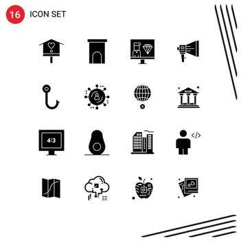paquete de línea vectorial editable de 16 glifos sólidos simples de residencia digital de marketing anunciar programador elementos de diseño vectorial editables vector
