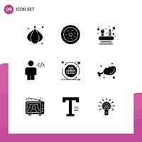 Mobile Interface Solid Glyph Set of 9 Pictograms of interactive environment competencies markup code Editable Vector Design Elements